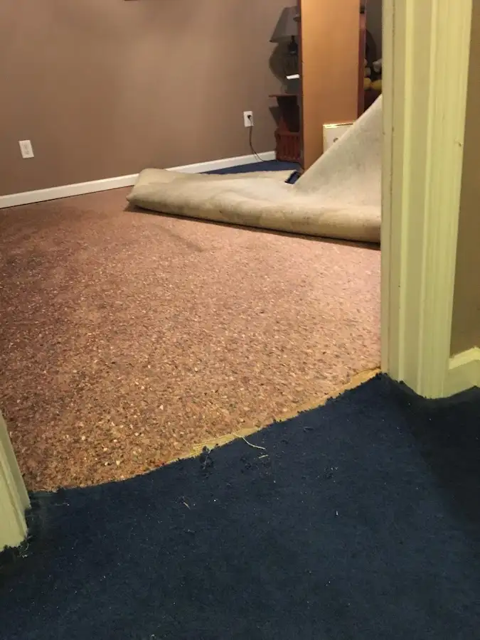 Carpet pad removal revealing water damage during Drying & Dehumidification in South Bound Brook